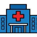 Hospital building with red cross medical symbol vector illustration in blue and black colors